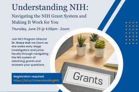 Image of a desk with 3 succulents and a folder labeled "Grants" as well as the text included in the event description with the date, time, speaker and registration link
